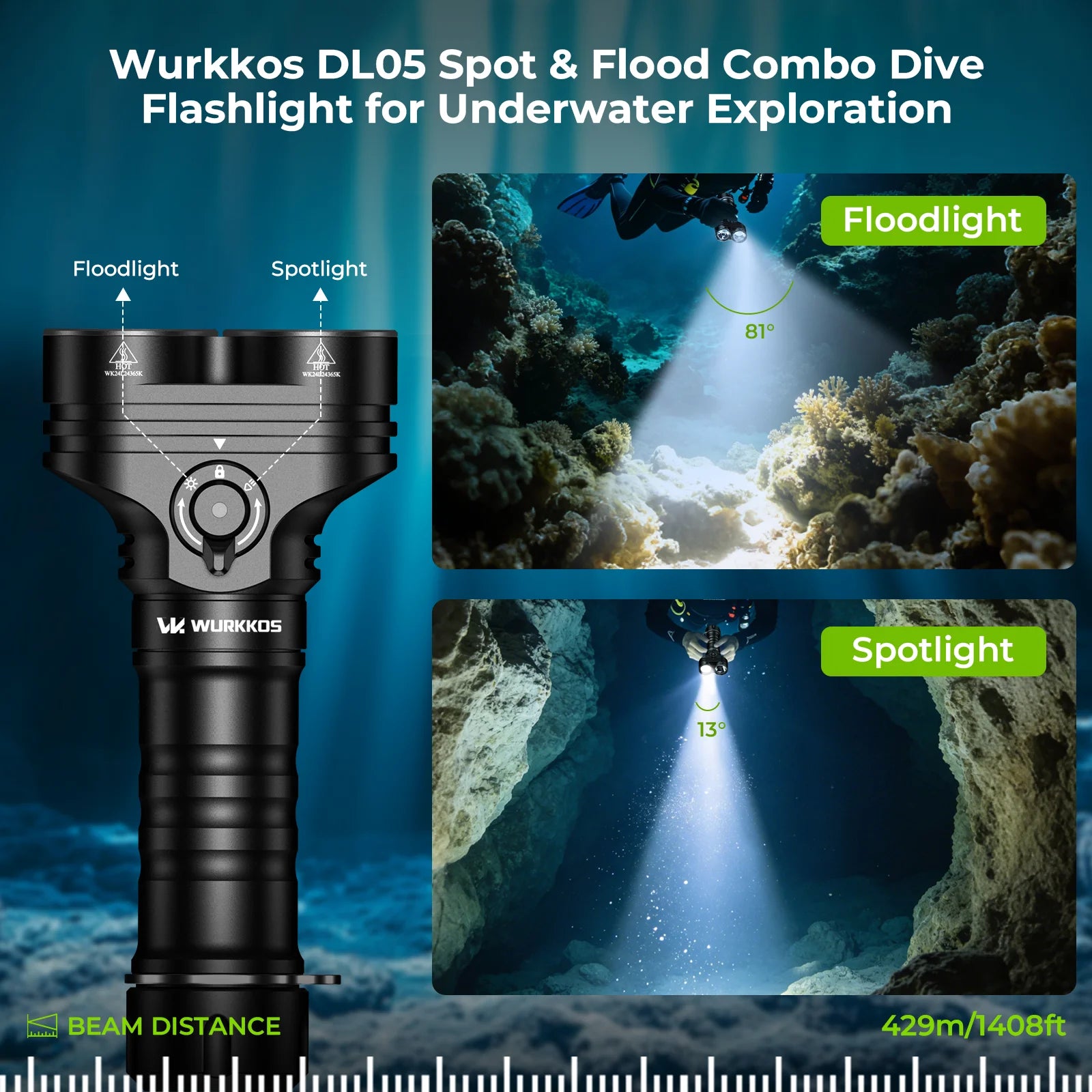 Diving Flashlight, 6000 Lumens, Rechargeable 26800 Battery, Magnetic Switch,