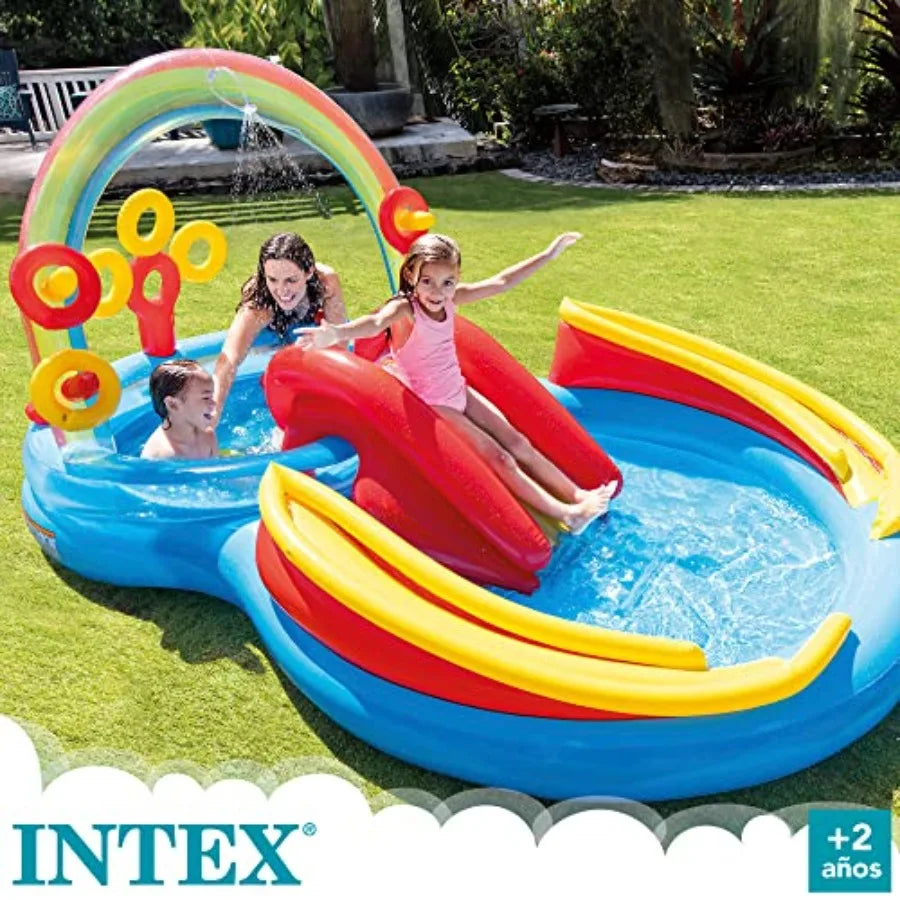 9.75 Foot x 6.3 Foot x 53 Inch Multicolor Rainbow Slide Inflatable Pool with Water Slide