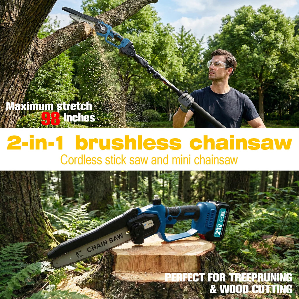 2-in-1Cordless Pole Saw&Mini Chainsaw,6"&8"Electric Tree Trimmer