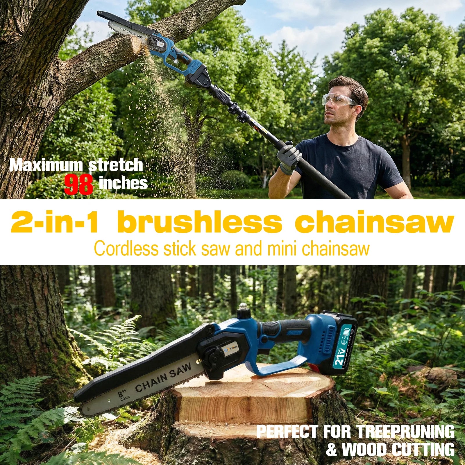 2-in-1Cordless Pole Saw&Mini Chainsaw,6"&8"Electric Tree Trimmer