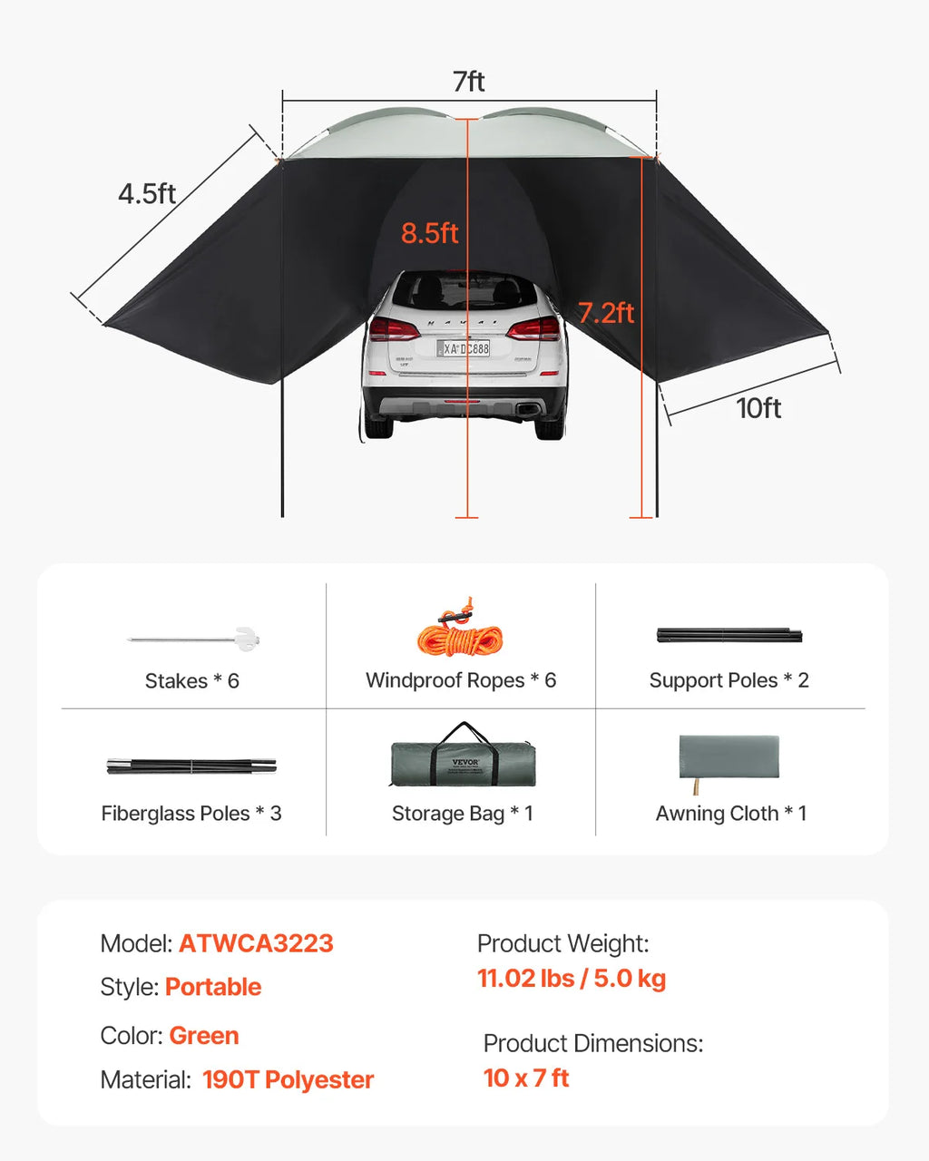 Retractable Car  Awning with Waterproof Storage Bag for Truck SUV Van Campers