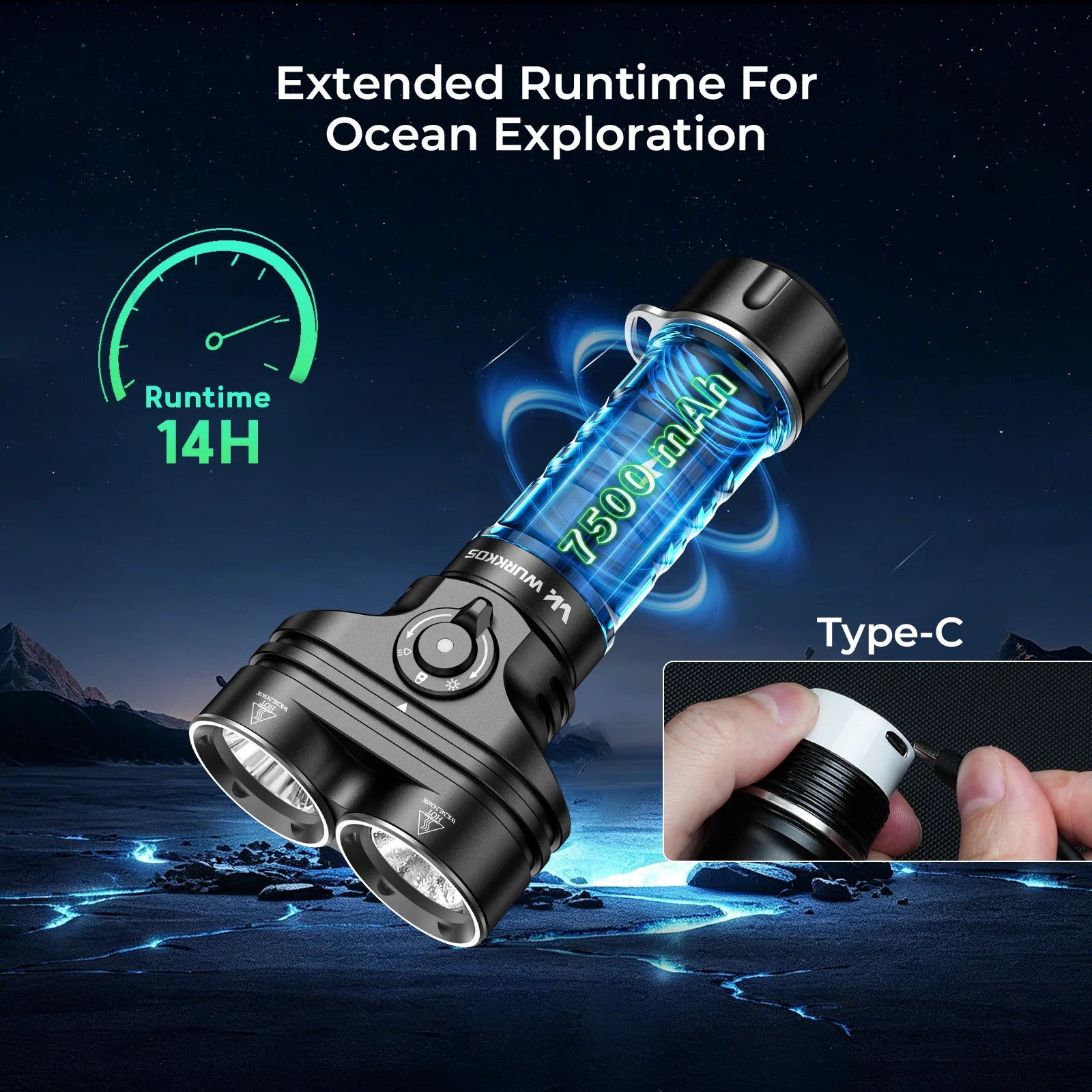 Diving Flashlight, 6000 Lumens, Rechargeable 26800 Battery, Magnetic Switch,