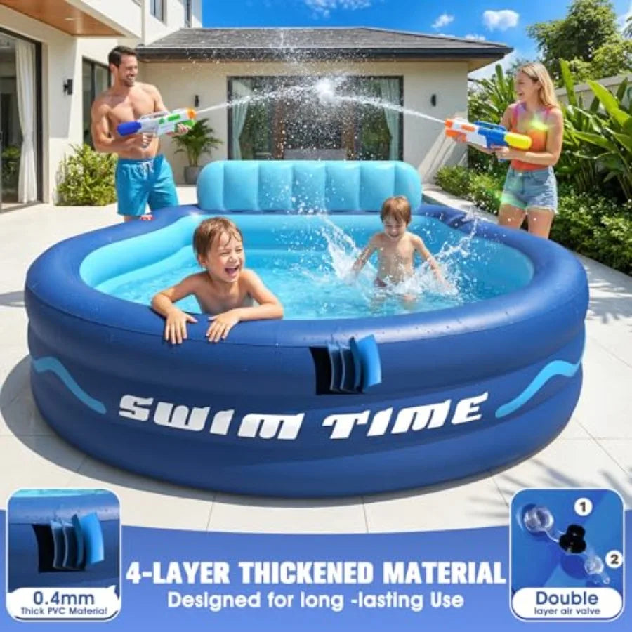 Inflatable Pool with Seats and HeadrestOversized Pool for Adults and kids