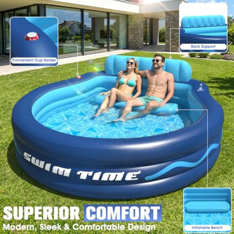 Inflatable Pool with Seats and HeadrestOversized Pool for Adults and kids