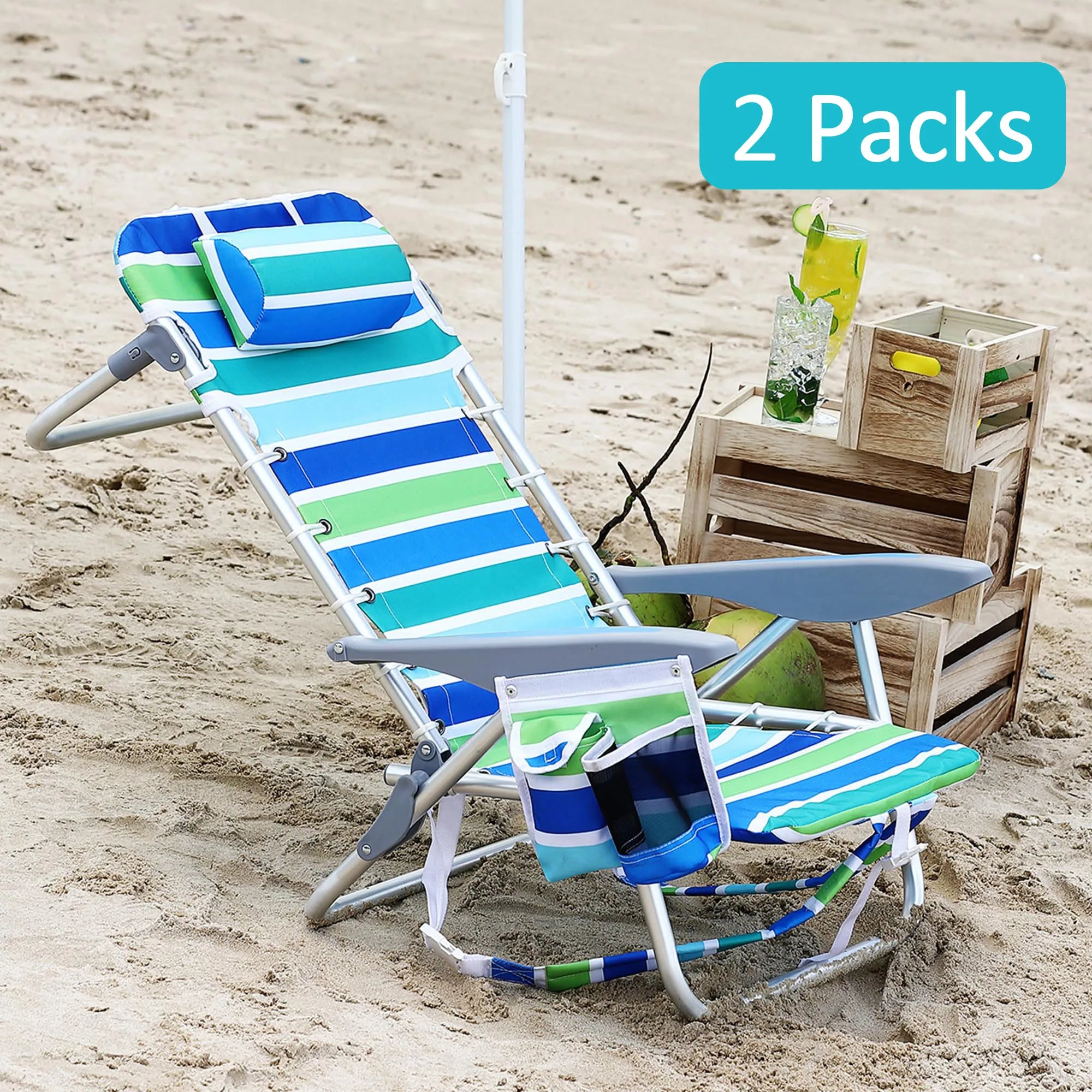 Set of 2 Outdoor Folding Chairs, 600D Oxford Reclining Lounge Backpack Seating with Pillows Cup Holder for Beach Fishing Camping