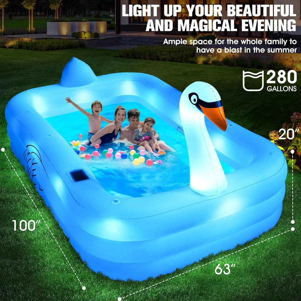 Solar LED Inflatable Pool for Adults and Kids, Large Family Backyard Swimming Pool with Lights, 100x63x20 Inches