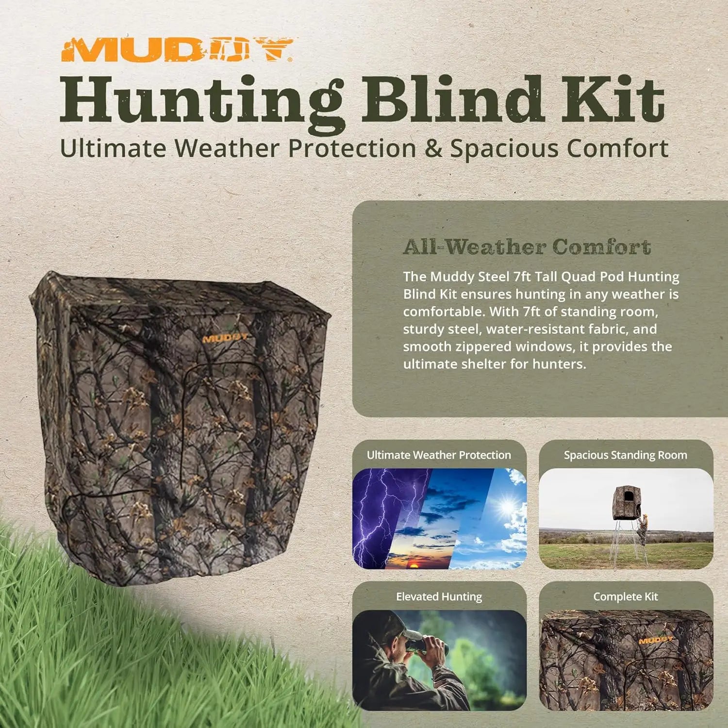 7' Tall Quad Pod Hunting Blind with 4 Zippered Windows -