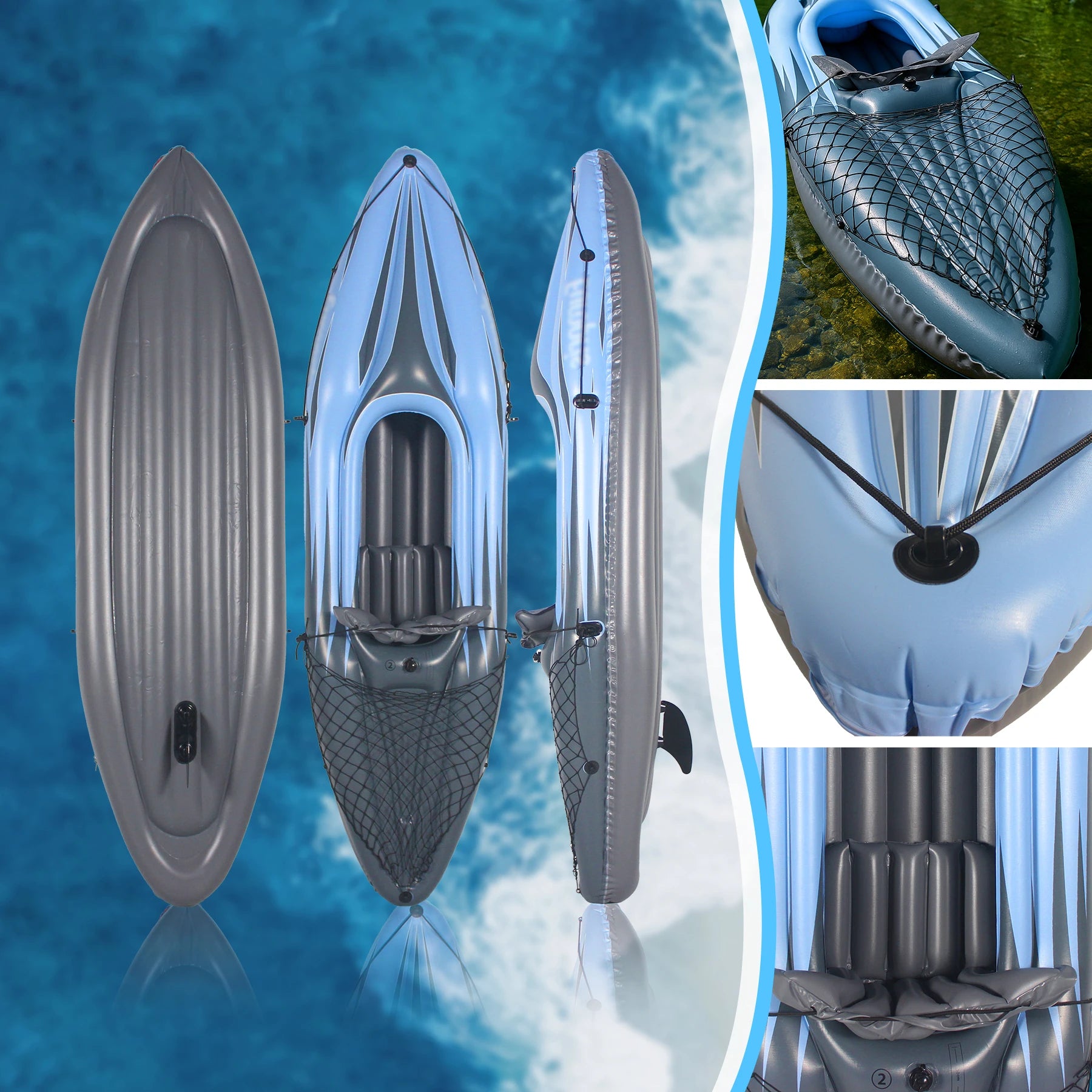 Inflatable Kayak Fishing Boat 1 Person Adult Blue Canoe, with Paddles,