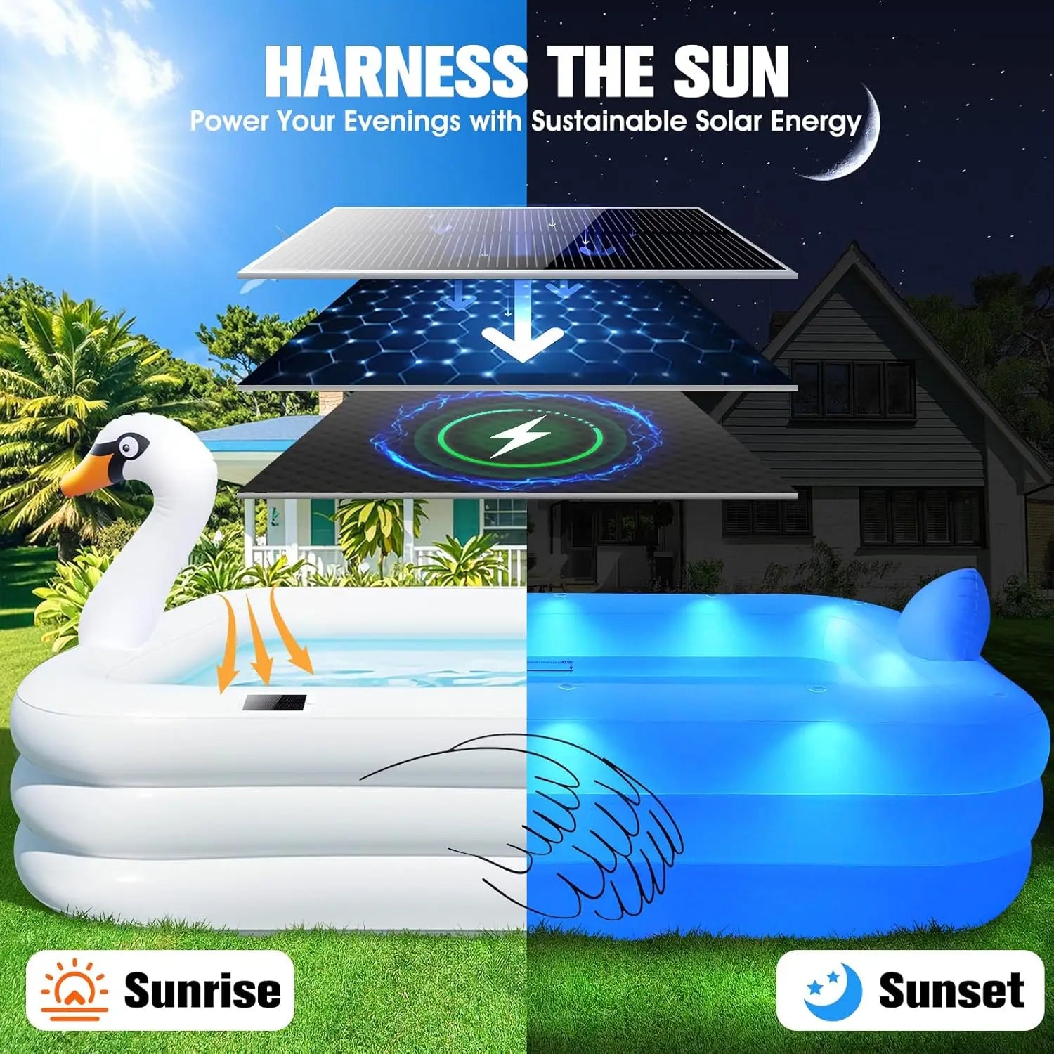 Solar LED Inflatable Pool for Adults and Kids, Large Family Backyard Swimming Pool with Lights, 100x63x20 Inches