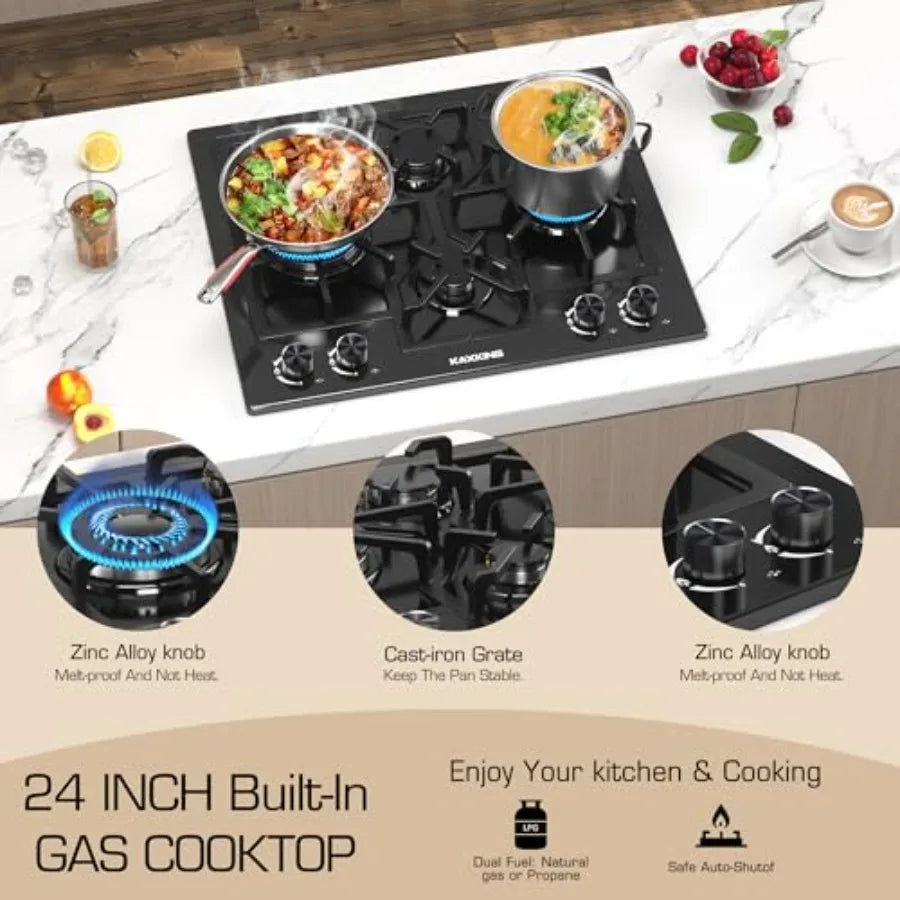 Black 24 Inch Gas Cooktop for kitchen use  dual fuel natural gas propane 4 burner