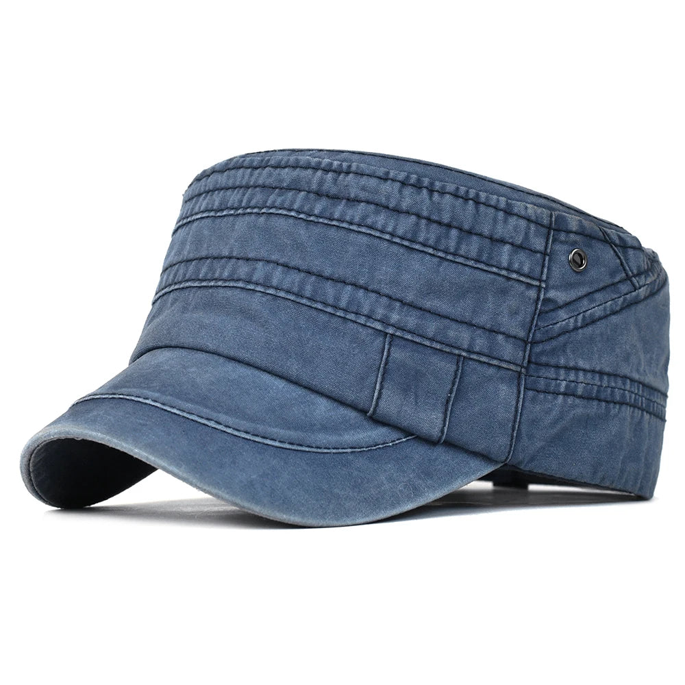 Casual Washed Cotton Flat Top Hat Adjustable Military Caps