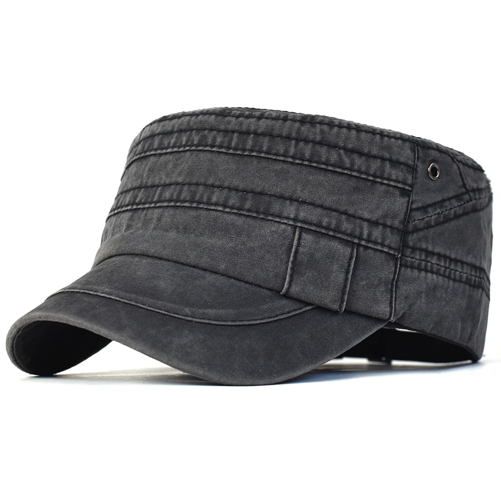 Casual Washed Cotton Flat Top Hat Adjustable Military Caps