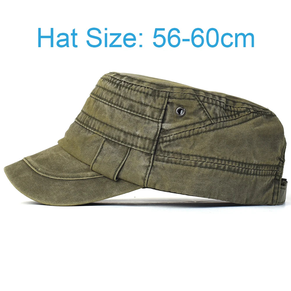 Casual Washed Cotton Flat Top Hat Adjustable Military Caps