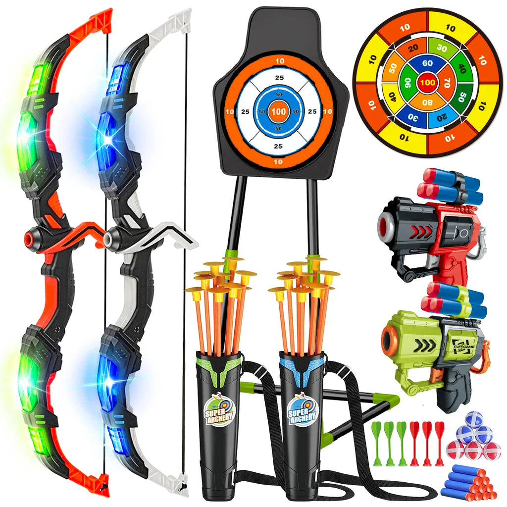 2X Bow Arrow + Guns Toy For Kids Night-Light Archery Stand
