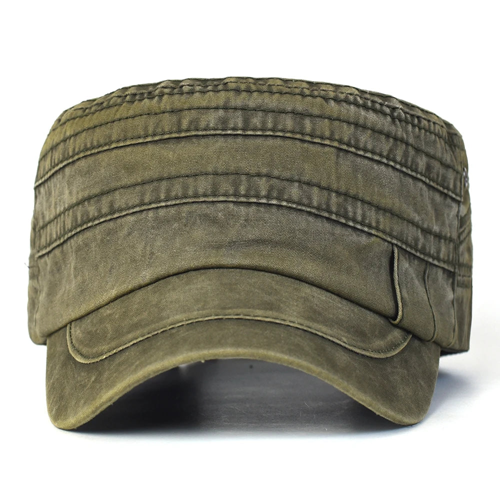 Casual Washed Cotton Flat Top Hat Adjustable Military Caps