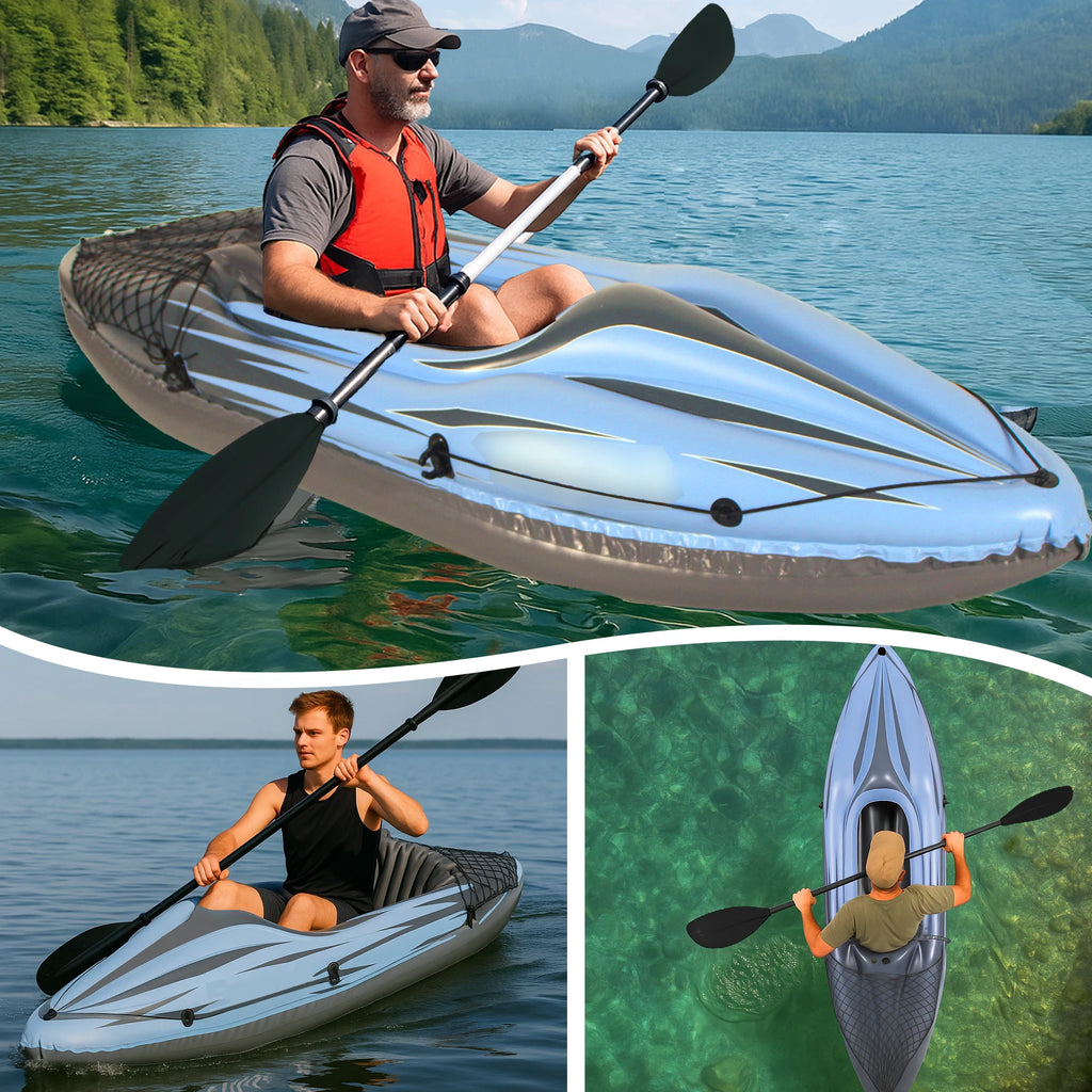 Inflatable Kayak Fishing Boat 1 Person Adult Blue Canoe, with Paddles,