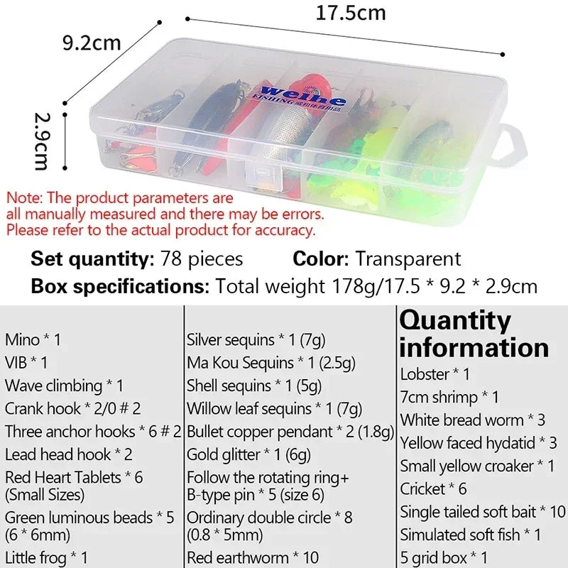 New Hybrid 78Piece Fishing Lure Set Hard and Soft Lure Kit Minnow Metal Lure SpoonsTackle Accessory Box For Bass Pike Crankbaits