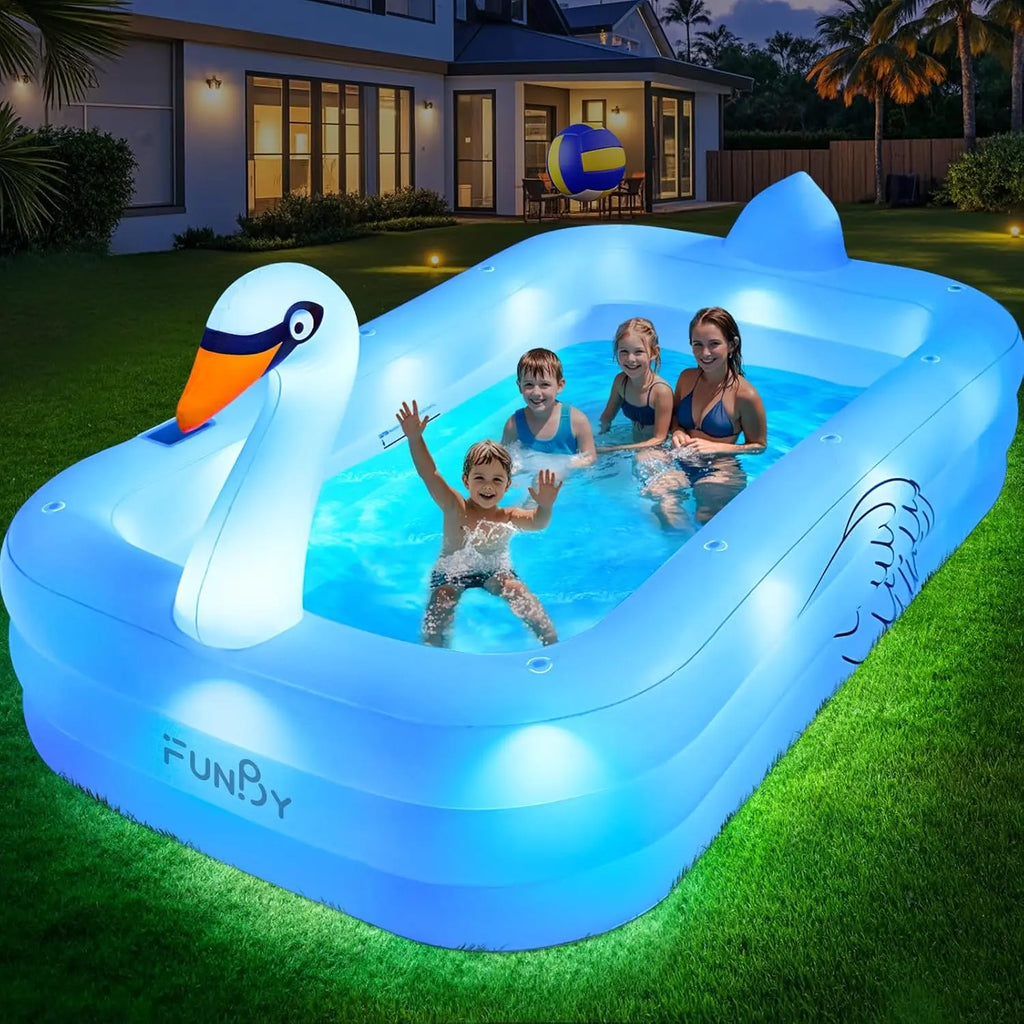 Solar LED Inflatable Pool for Adults and Kids, Large Family Backyard Swimming Pool with Lights, 100x63x20 Inches
