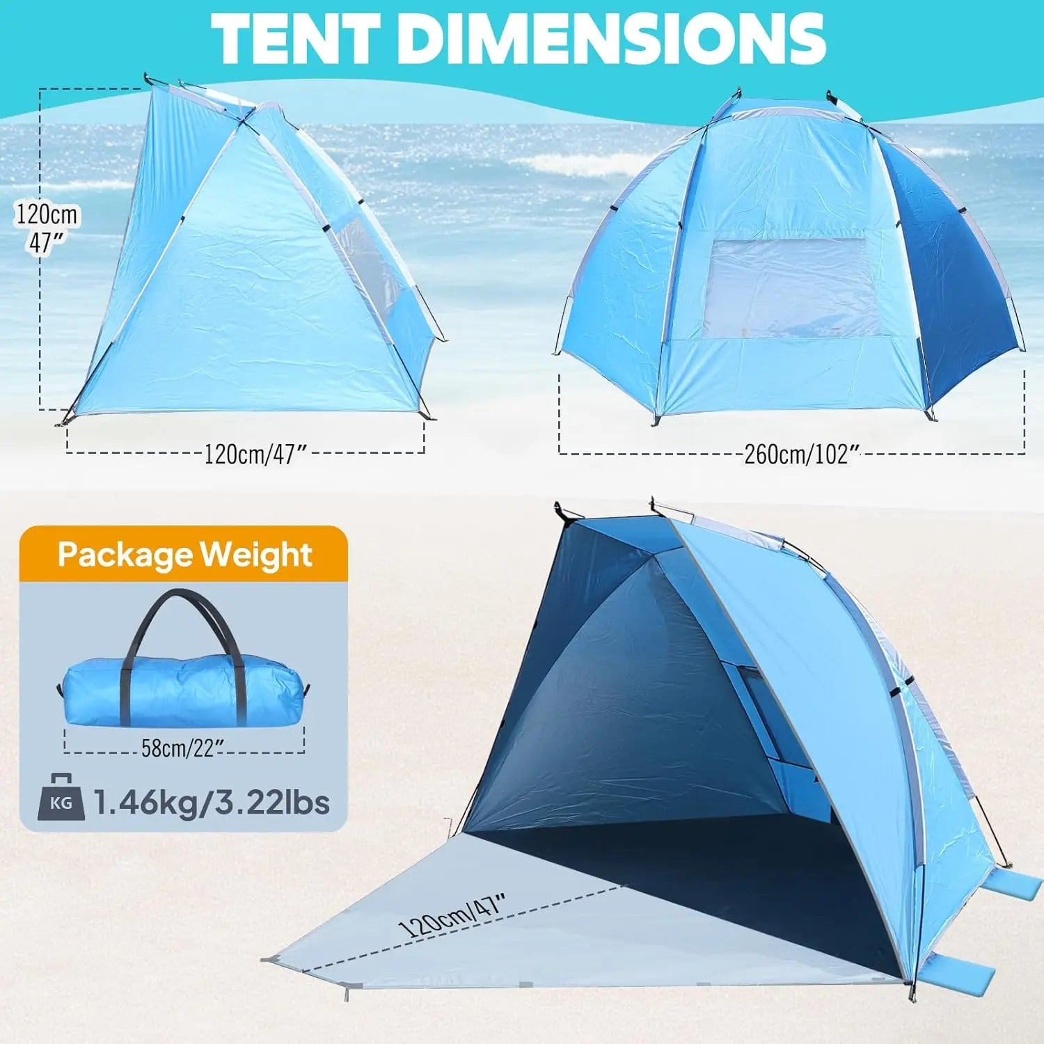 Beach Tent for 1/2/3 Person, Portable Camping Sun Shelter