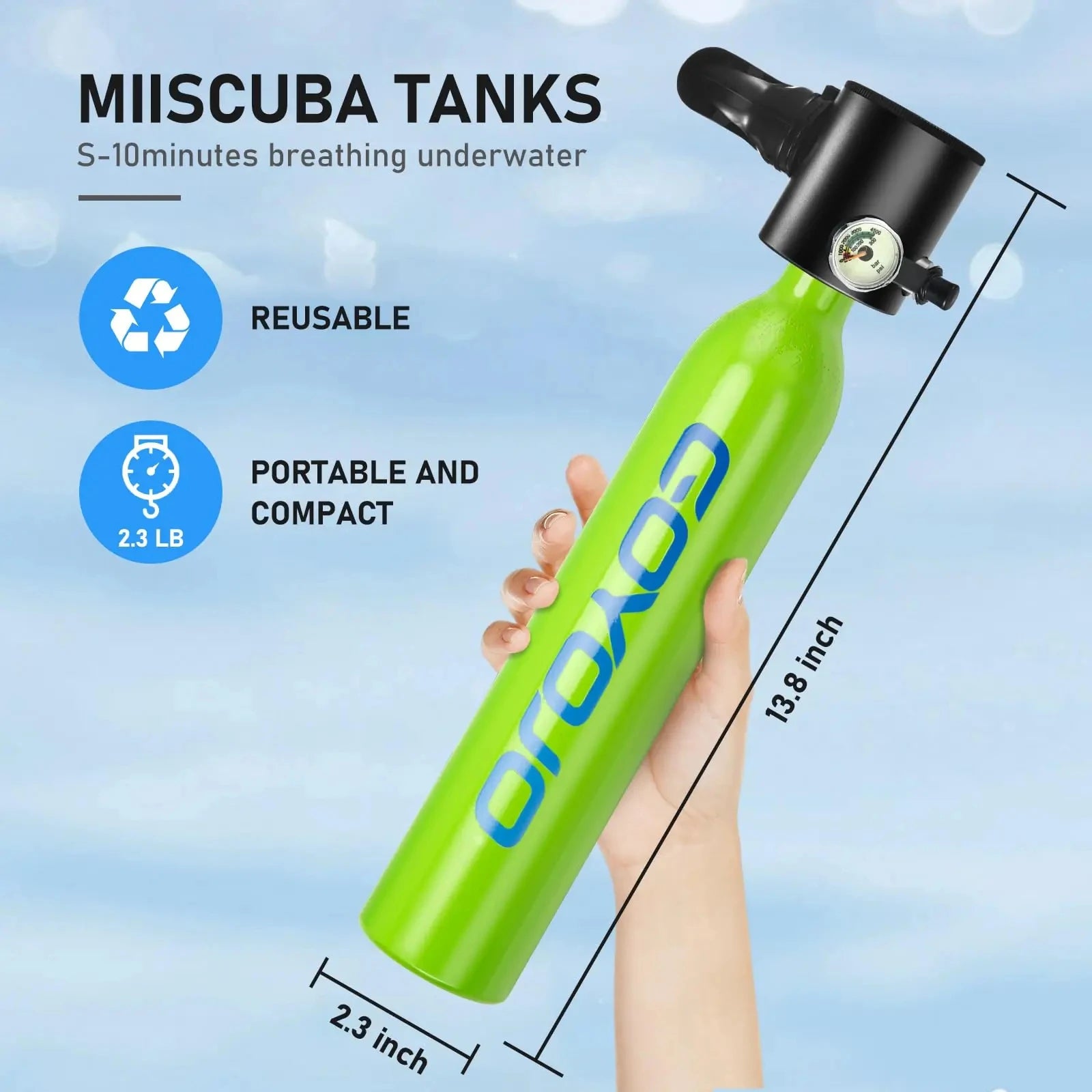 GOYOJO Mini Scuba Tank 0.5L Reusable Portable Diving Tank & Emergency Pony Bottle Air Suitable for Freediving, Snorkeling