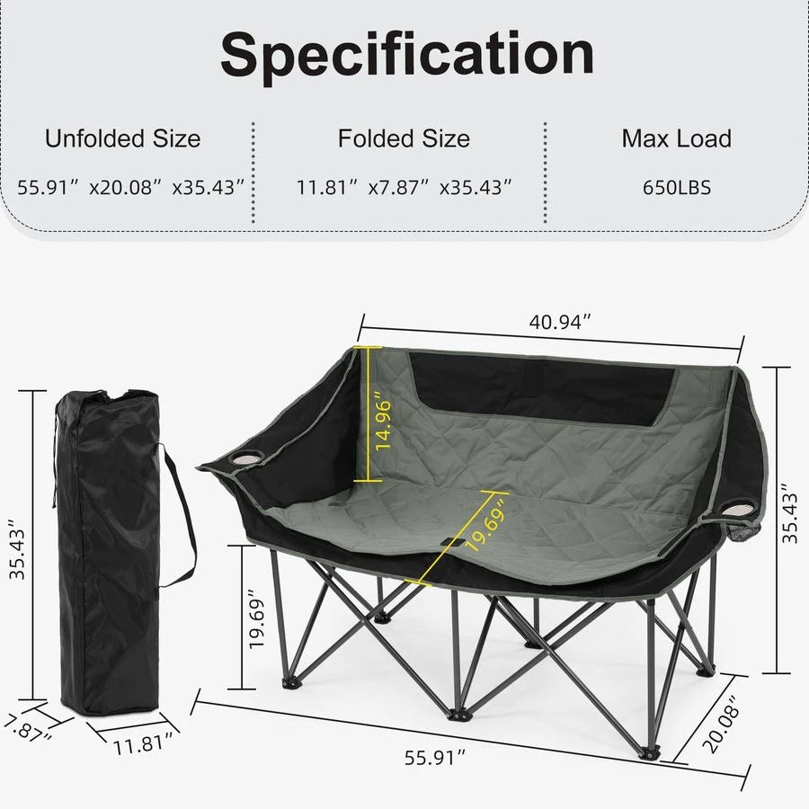 Double Camping Chair, 2 Person Oversized Loveseat for Adults,