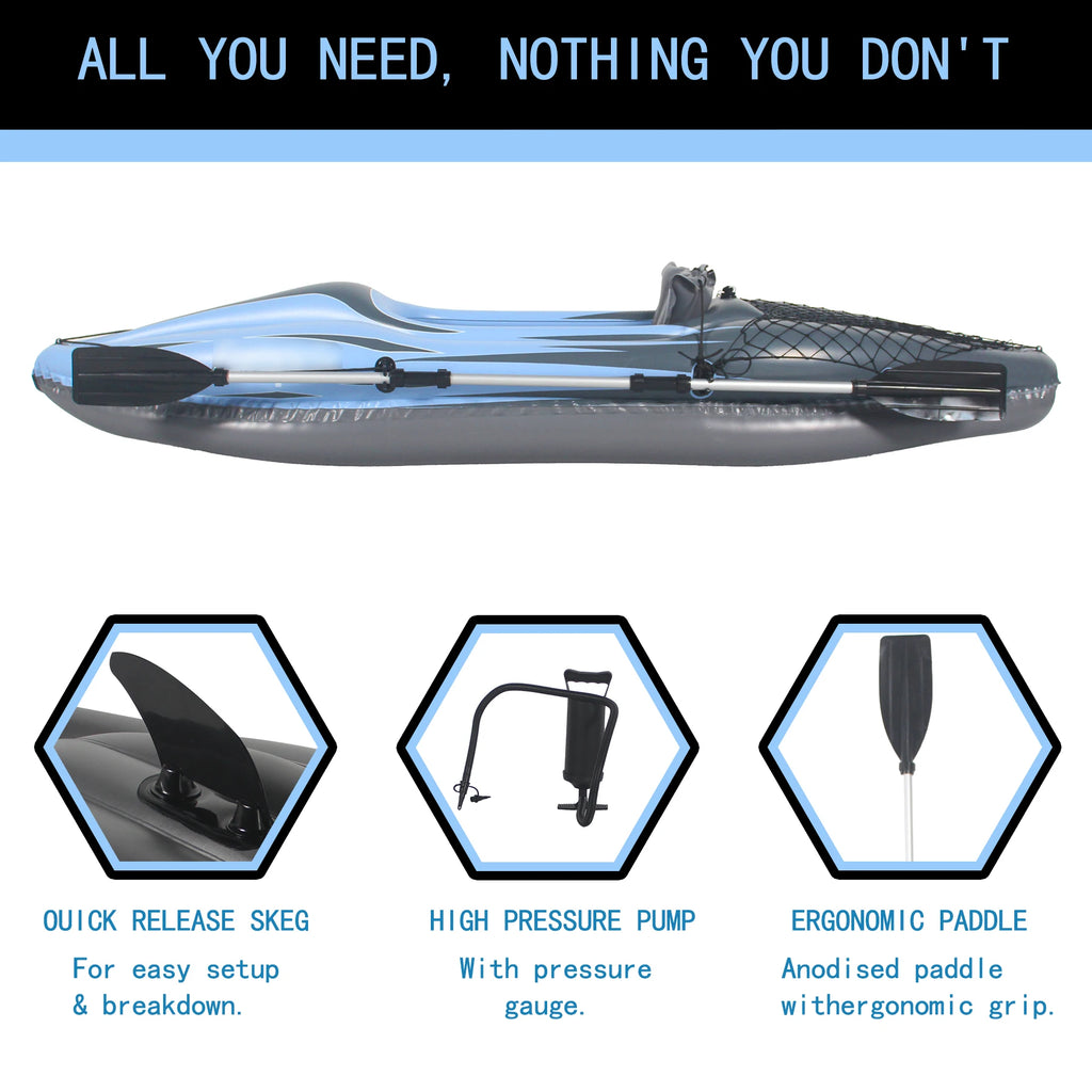 Inflatable Kayak Fishing Boat 1 Person Adult Blue Canoe, with Paddles,
