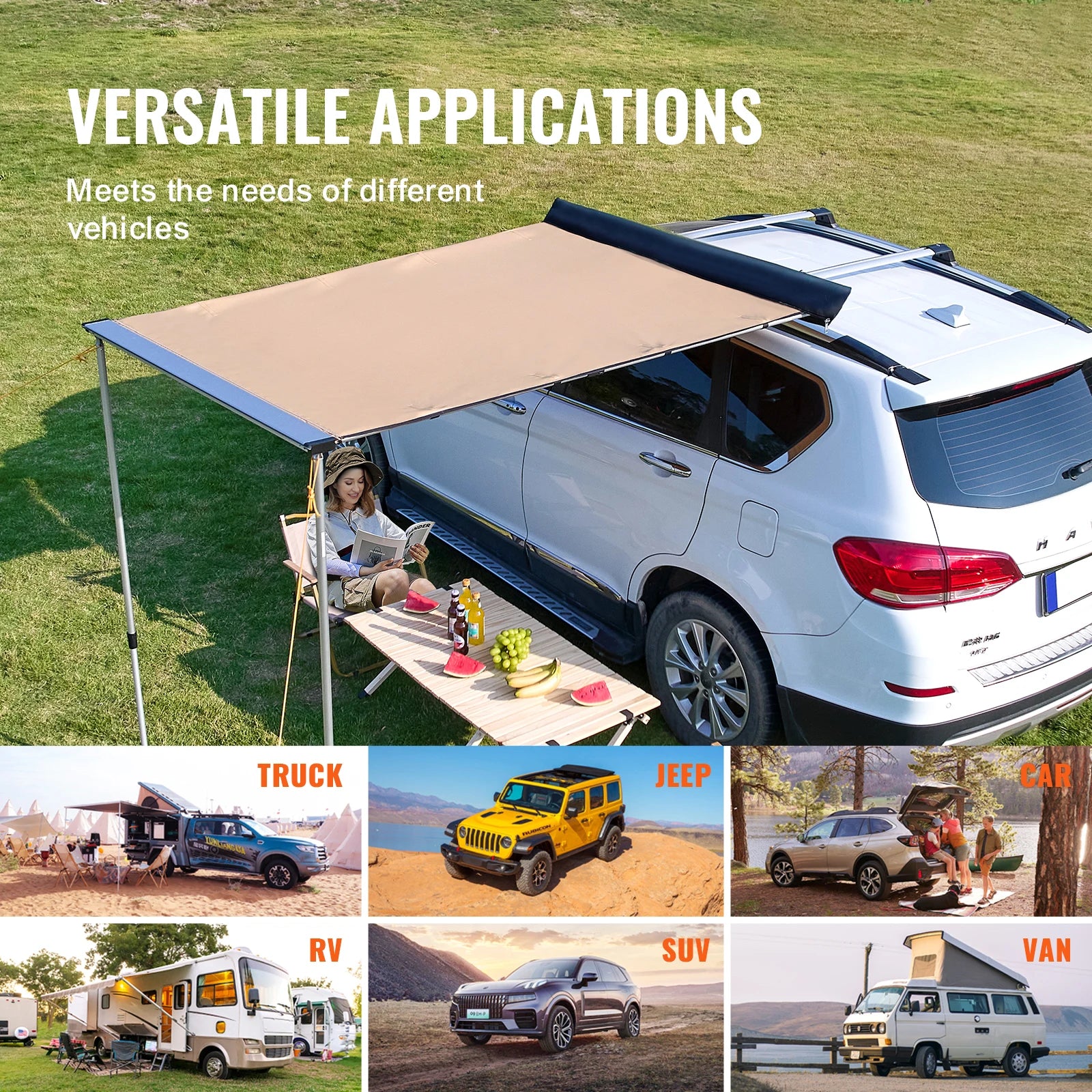 Retractable Car  Awning with Waterproof Storage Bag for Truck SUV Van Campers