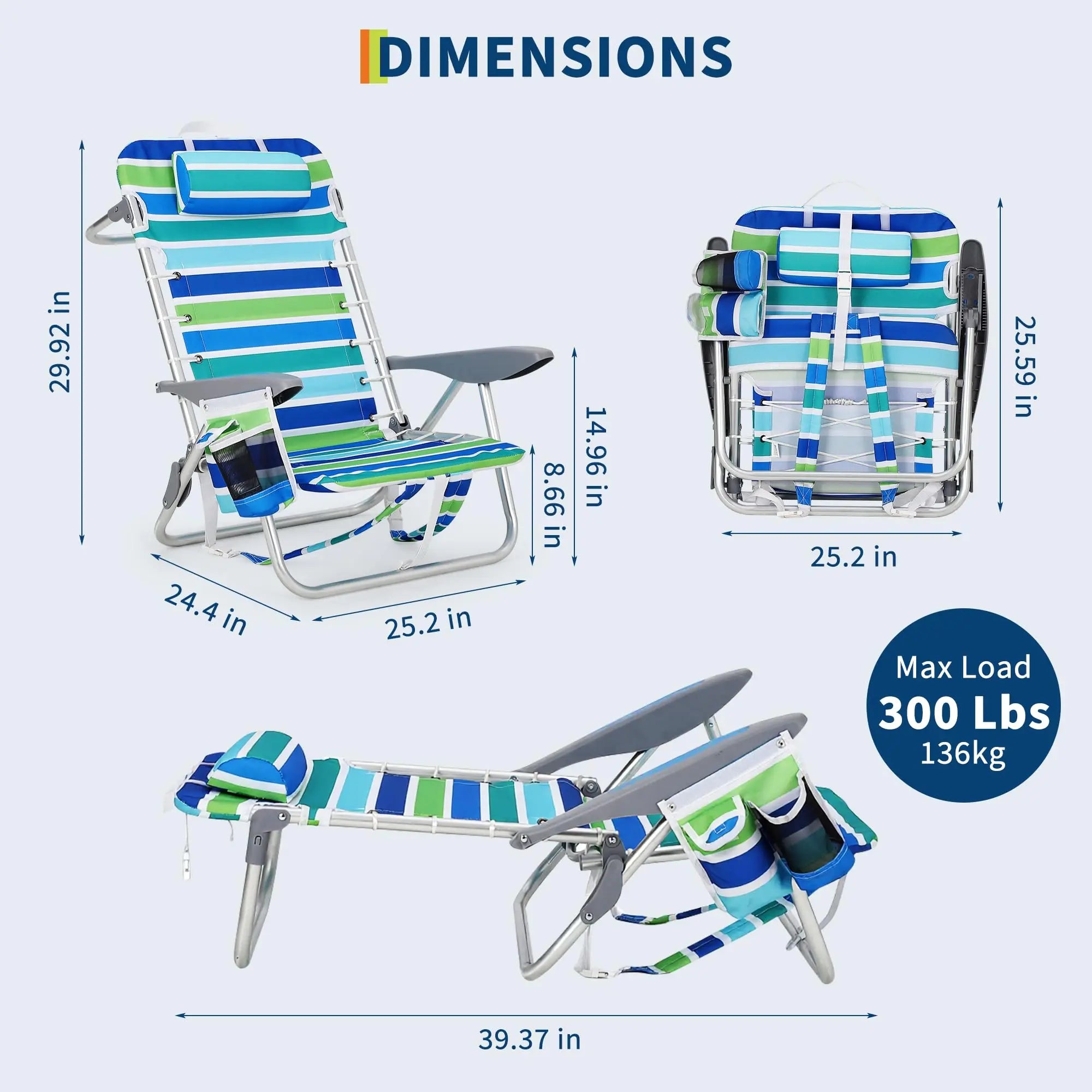 Set of 2 Outdoor Folding Chairs, 600D Oxford Reclining Lounge Backpack Seating with Pillows Cup Holder for Beach Fishing Camping