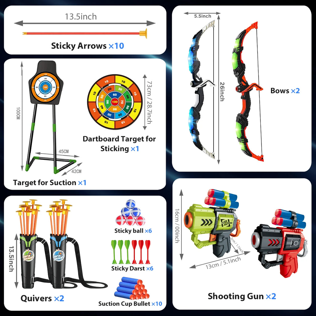 2X Bow Arrow + Guns Toy For Kids Night-Light Archery Stand