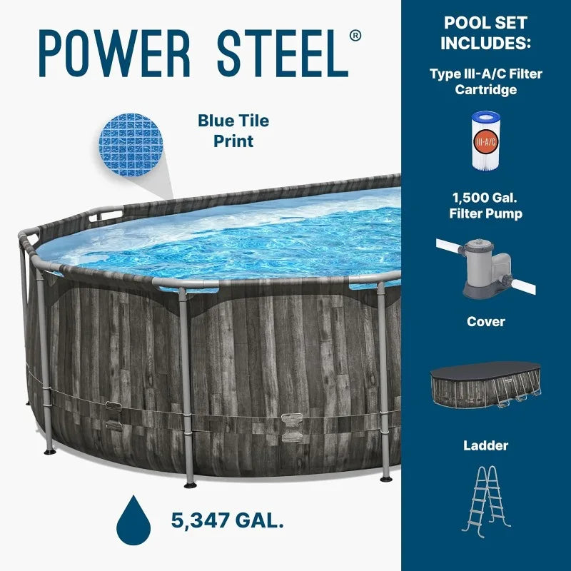 Power Steel 20’ x 12’ x 48” Above Ground Pool, Oval Metal FrameSwimming Pool Set with Filter Pump, Ladder