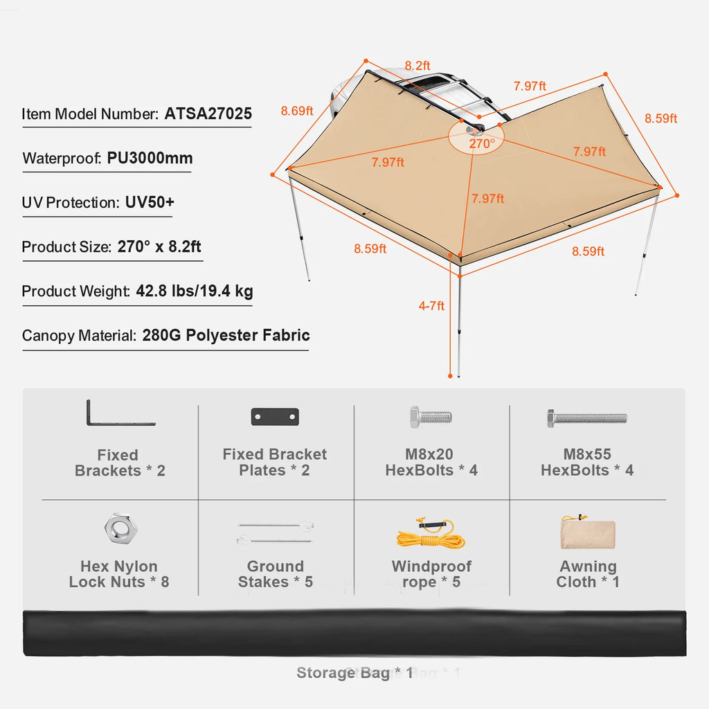 Retractable Car  Awning with Waterproof Storage Bag for Truck SUV Van Campers