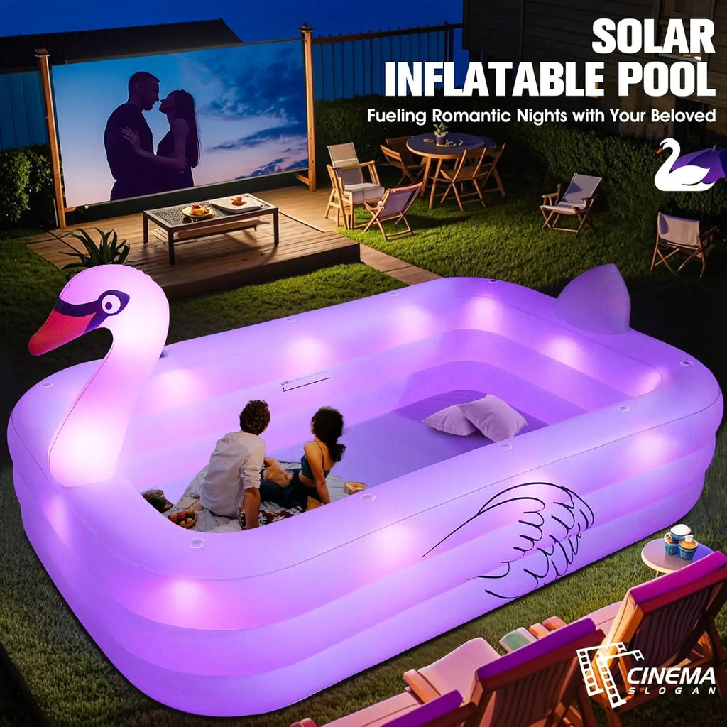Solar LED Inflatable Pool for Adults and Kids, Large Family Backyard Swimming Pool with Lights, 100x63x20 Inches
