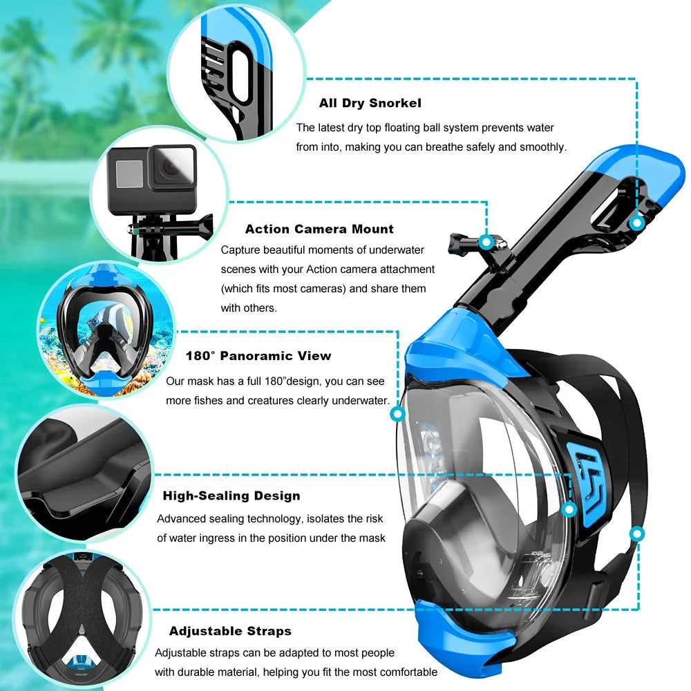 Full Face Snorkel Mask with Latest Dry Top Breathing System Detachable Camera Mount