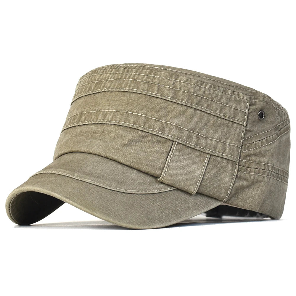 Casual Washed Cotton Flat Top Hat Adjustable Military Caps