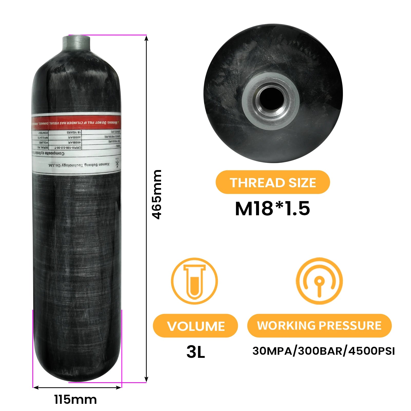 TUXING 300Bar 3L Carbon Fiber Cylinder with 6000PSI Dual Gauge Inflation Valve