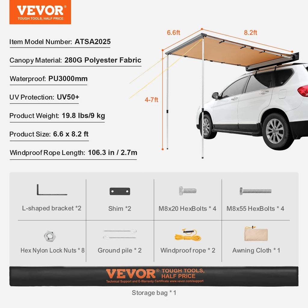 Retractable Car  Awning with Waterproof Storage Bag for Truck SUV Van Campers