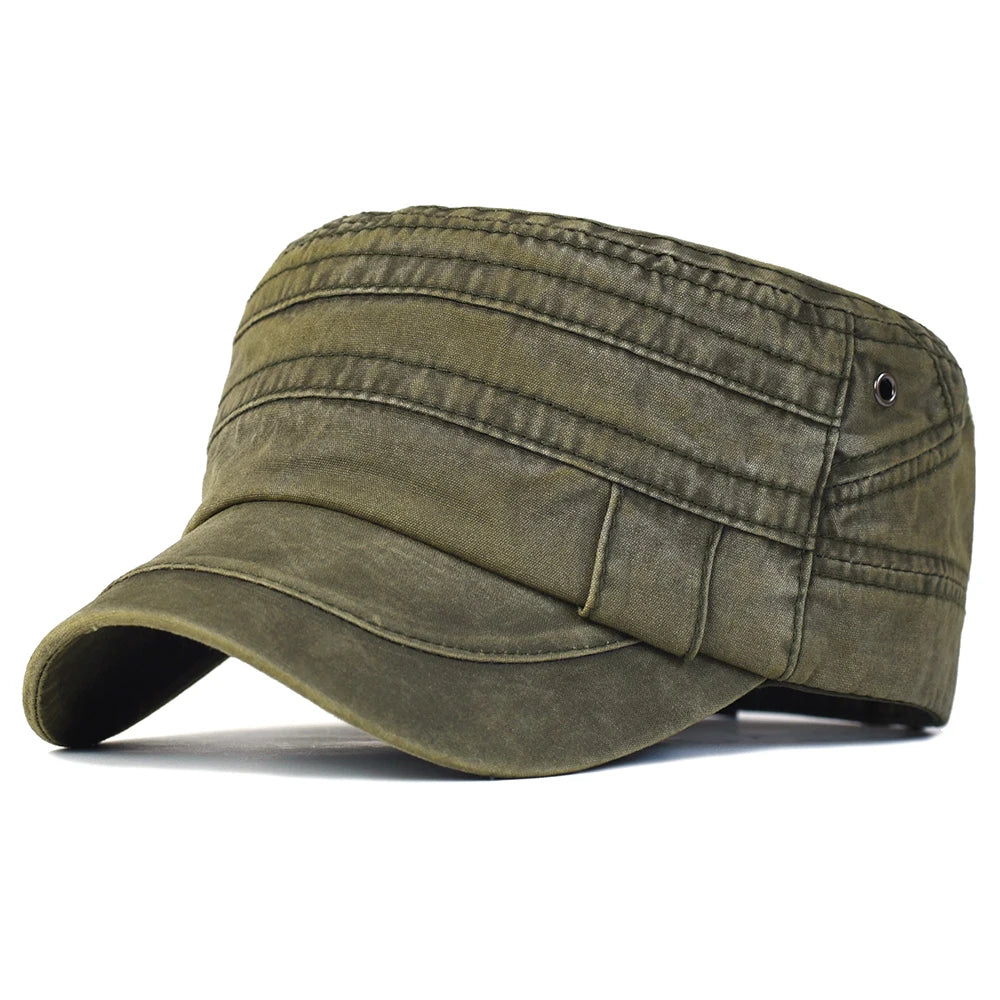 Casual Washed Cotton Flat Top Hat Adjustable Military Caps