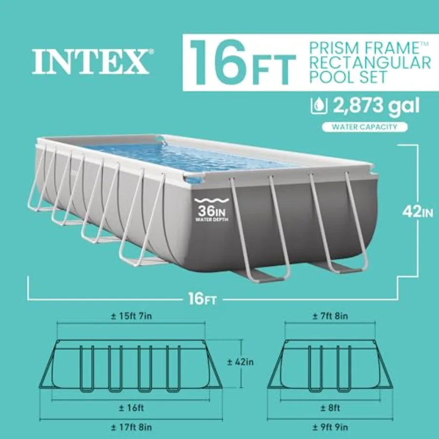 16ft x 8ft x 42in Rectangular Above Ground Swimming Pool Set with Prism Frame and 1000 GPH Cartridge Filter Pump - Premium Stee