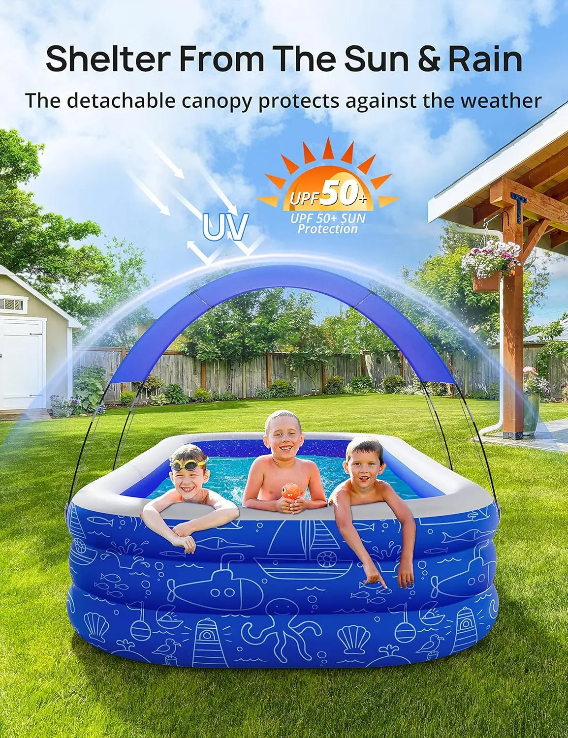 Large Inflatable Swimming Pool with Canopy, 150” x 70” x 20”