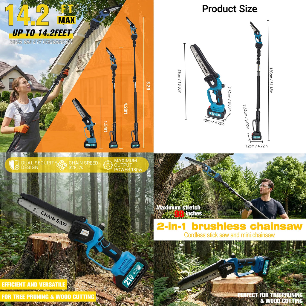 2-in-1Cordless Pole Saw&Mini Chainsaw,6"&8"Electric Tree Trimmer
