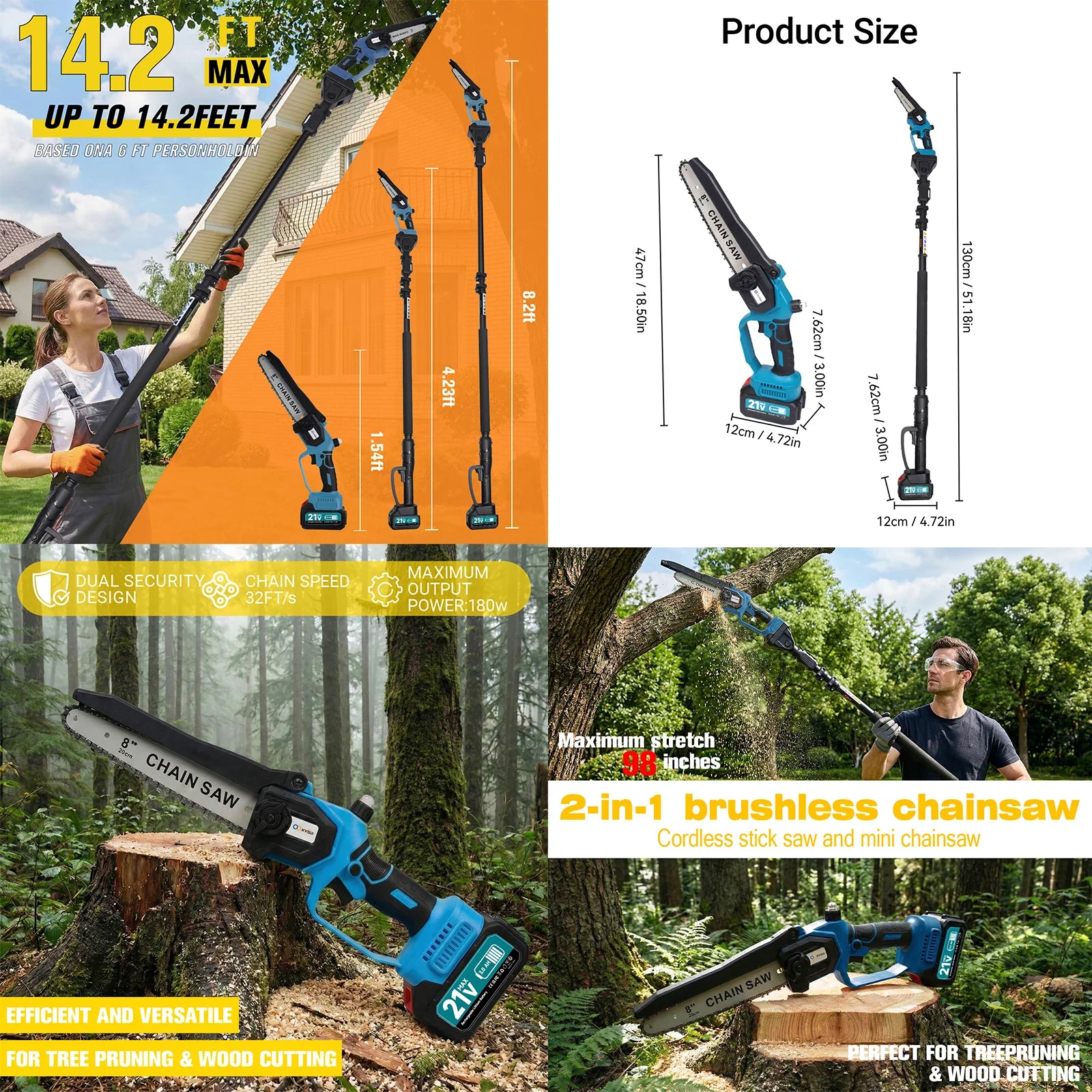 2-in-1Cordless Pole Saw&Mini Chainsaw,6"&8"Electric Tree Trimmer