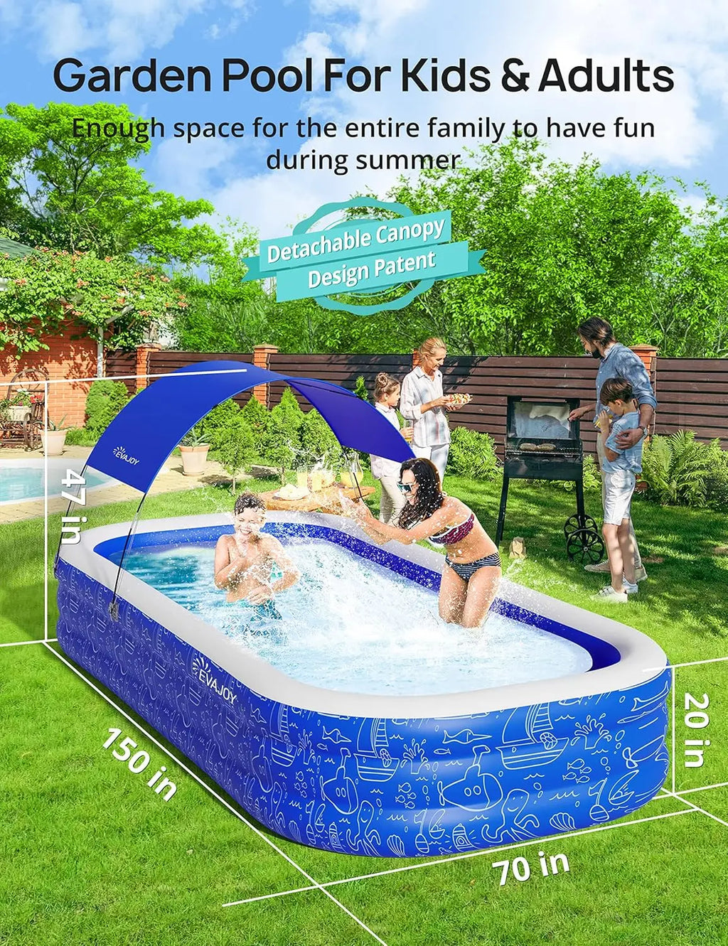 Large Inflatable Swimming Pool with Canopy, 150” x 70” x 20”
