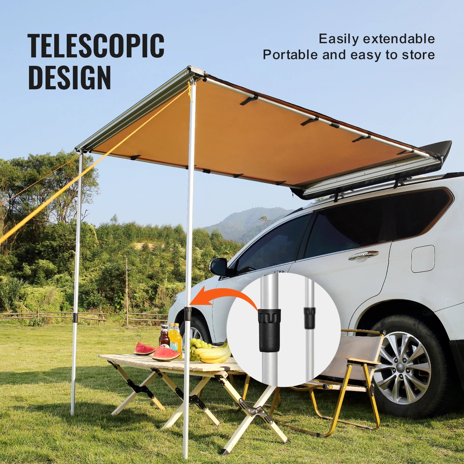 Retractable Car  Awning with Waterproof Storage Bag for Truck SUV Van Campers