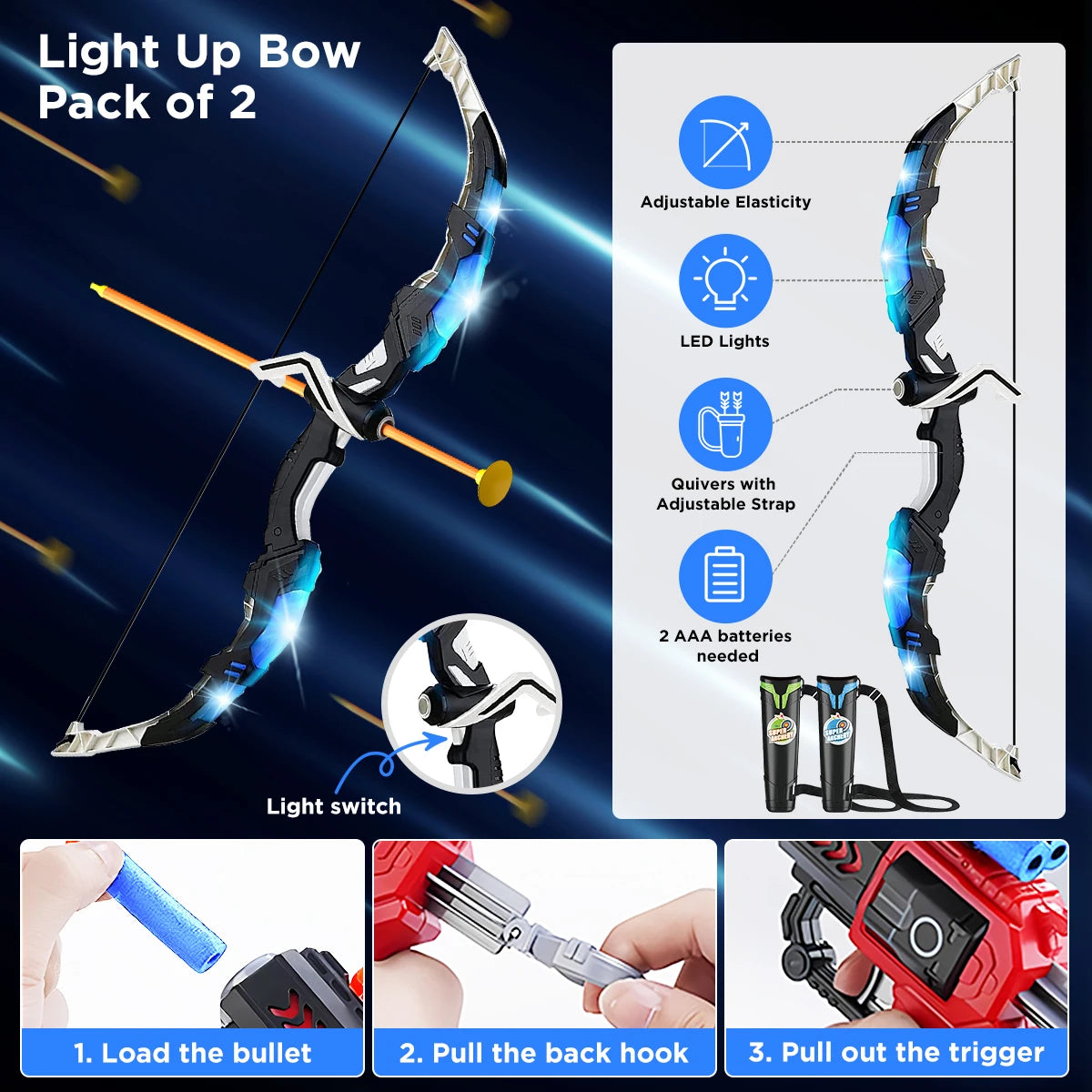 2X Bow Arrow + Guns Toy For Kids Night-Light Archery Stand