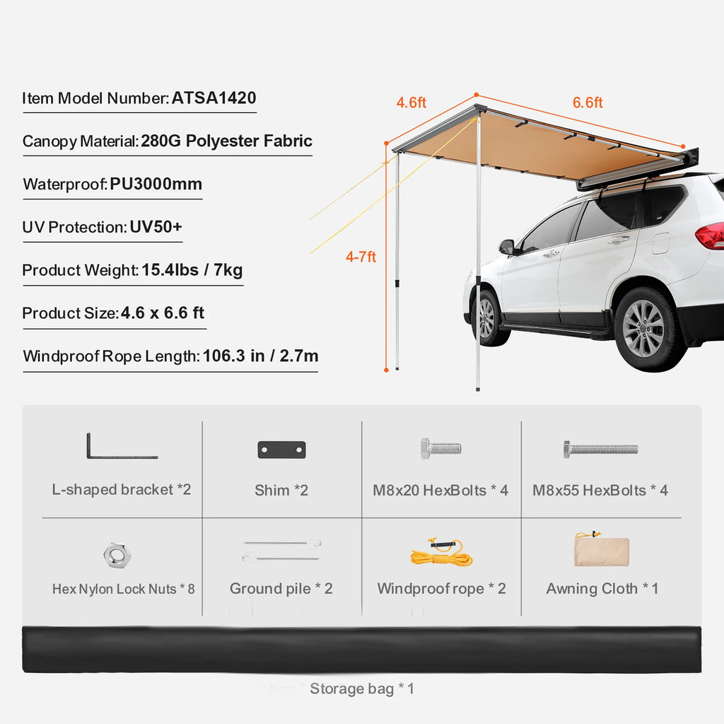 Retractable Car  Awning with Waterproof Storage Bag for Truck SUV Van Campers